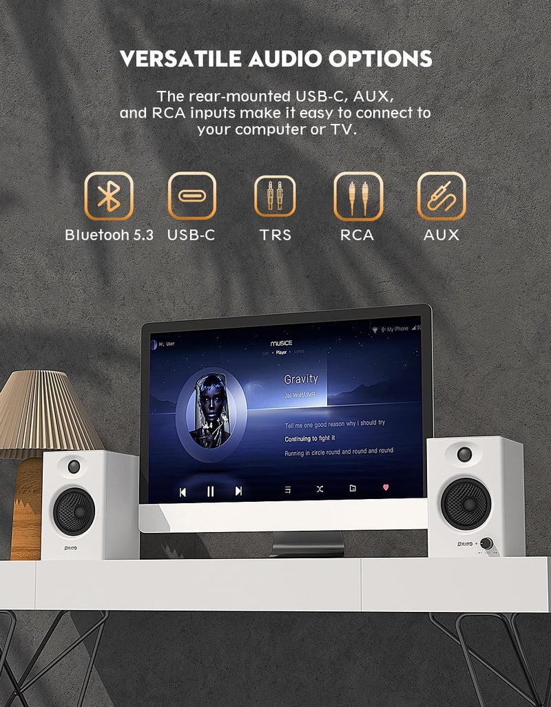 OHAYO 60W Computer Speakers for Gaming and Music, Active Bluetooth 5.3, Stereo 2.0 Speakers for Desktop PC Monitor or Laptop, Surround Sound Speaker, 3.5 mm Aux RCA Input, USB-Powered, 1 Pair, White - Image 3