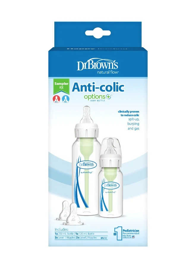 دكتور براونز Options+ Anti-Colic Narrow Sampler (1X120 Ml & 1X250 Ml Bottles, 2Xl2 Nipples, 1 Cleaning Brush)