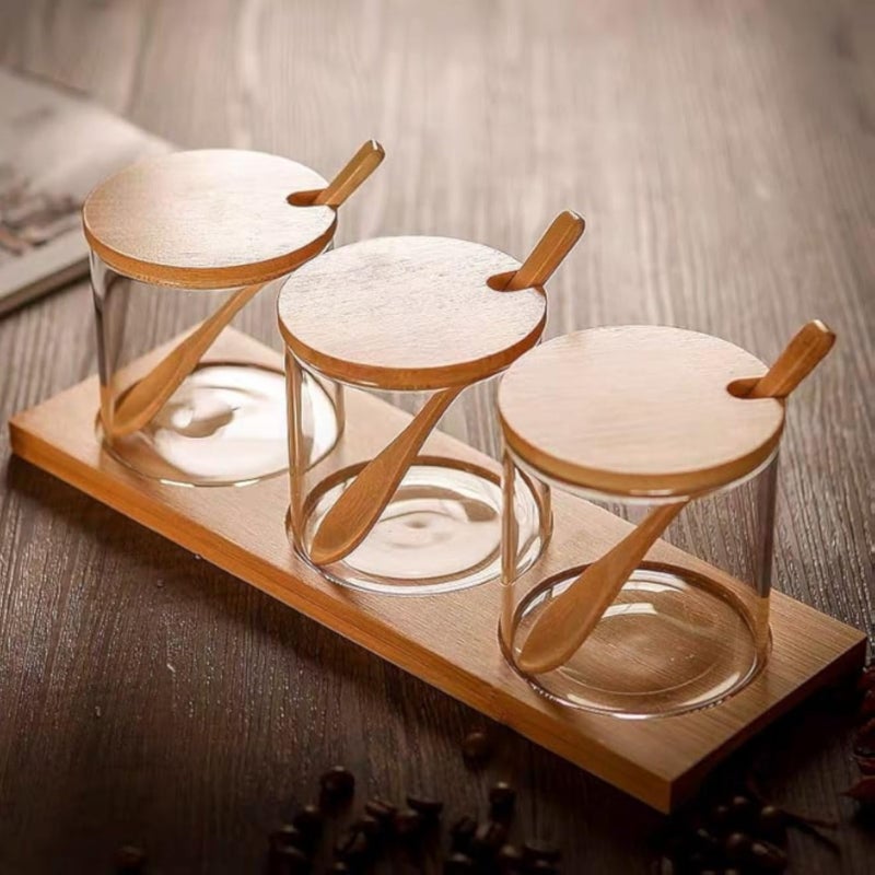 3 Piece Glass Spice Jar Spoon, Bamboo Lid and Spoons, Clear Round Lid, Durable Seasoning Container (Rectangular)