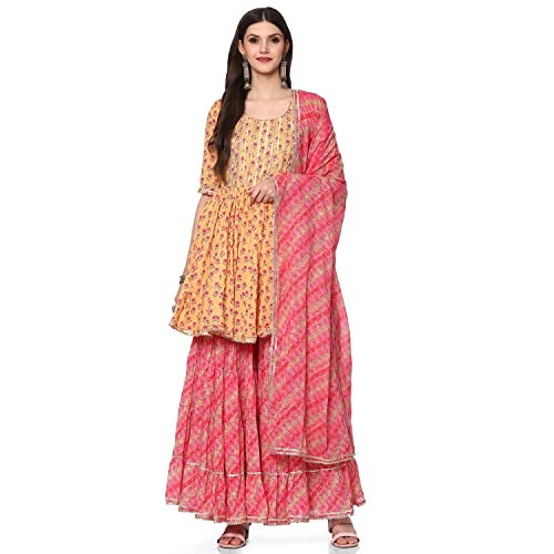 BIBA Women's Cotton Printed Relaxed Salwar Kurta Dupatta(SKDASSORTED8416_Mehandi_38) Mango - Image 1