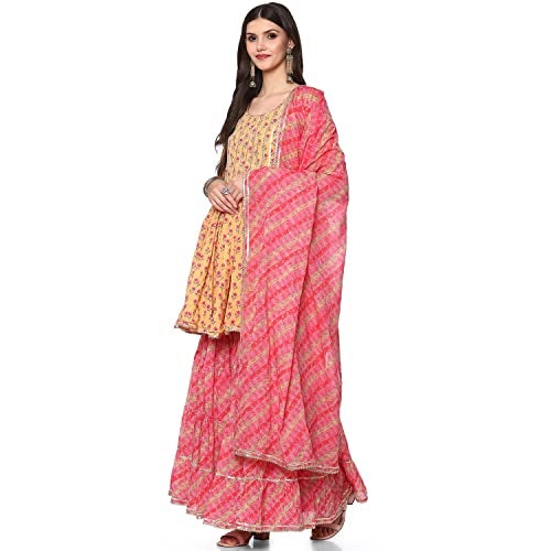 BIBA Women's Cotton Printed Relaxed Salwar Kurta Dupatta(SKDASSORTED8416_Mehandi_38) Mango - Image 2