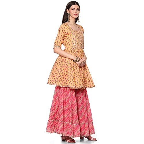 BIBA Women's Cotton Printed Relaxed Salwar Kurta Dupatta(SKDASSORTED8416_Mehandi_38) Mango - Image 3