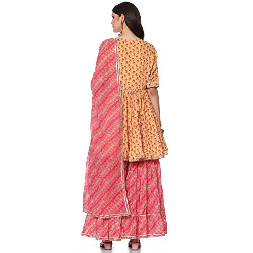 BIBA Women's Cotton Printed Relaxed Salwar Kurta Dupatta(SKDASSORTED8416_Mehandi_38) Mango - Image 4