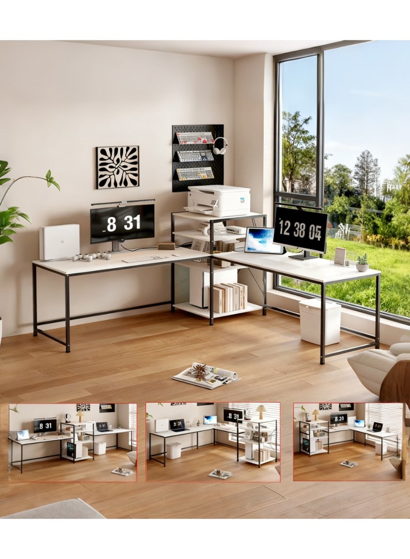 Generic L Shaped Desk - Computer Desk Corner Desk Gaming Desk PC Table with Adjustable Storage Shelves for Home Office Sturdy Writing Workstation, Reversible, White - Image 1