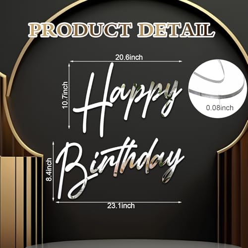 Yousoontic Happy Birthday Sign for Backdrop Large Happy Birthday Sticker Letter Acrylic Mirror Decal for Balloon Arch Party Sign Wall, Peel Off the Acrylic Film(23 x 20 Inches,Classic,Silver) - Image 2