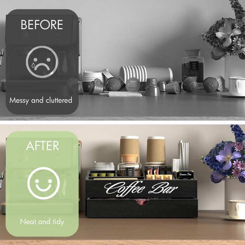 Suli Coffee Bar Station Organizer,Extra Large Wooden Countertop Pods Holder with Drawer,Storage for Condiment Syrup Tea Cups,Rustic Bar Decor for Accessories Organizer (2 Tiers 11 Compartments)-Black - Image 4