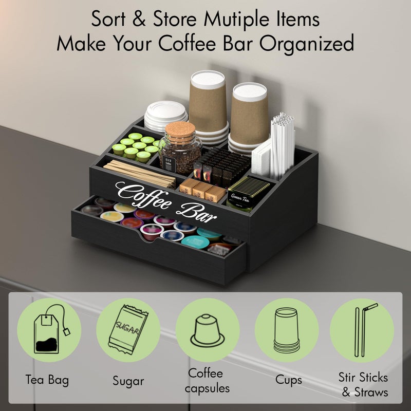 Suli Coffee Bar Station Organizer,Extra Large Wooden Countertop Pods Holder with Drawer,Storage for Condiment Syrup Tea Cups,Rustic Bar Decor for Accessories Organizer (2 Tiers 11 Compartments)-Black - Image 2