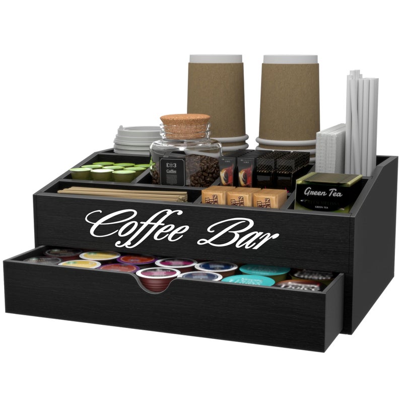 Suli Coffee Bar Station Organizer,Extra Large Wooden Countertop Pods Holder with Drawer,Storage for Condiment Syrup Tea Cups,Rustic Bar Decor for Accessories Organizer (2 Tiers 11 Compartments)-Black - Image 1