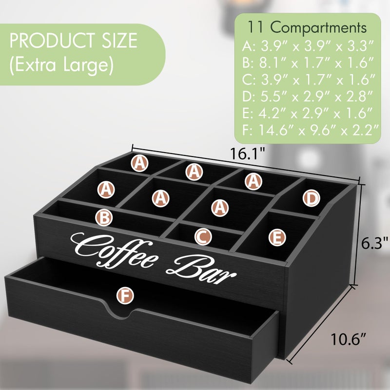 Suli Coffee Bar Station Organizer,Extra Large Wooden Countertop Pods Holder with Drawer,Storage for Condiment Syrup Tea Cups,Rustic Bar Decor for Accessories Organizer (2 Tiers 11 Compartments)-Black - Image 3