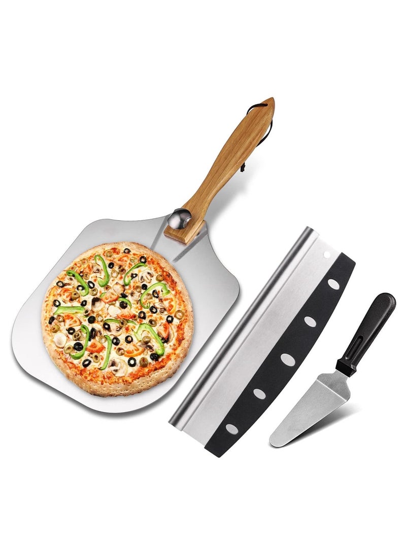 Pizza Peel Aluminum Pizza Scoop, 14 Inch Metal Pizza Paddle (12“ x 14”) with Rocker Cutter Foldable Wooden Handle, Home Pizza Oven Baking Accessories Dough Bread Pastry - Image 1