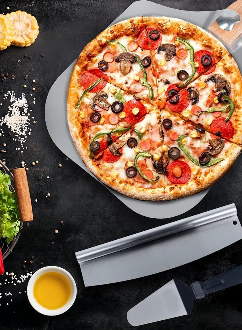 Pizza Peel Aluminum Pizza Scoop, 14 Inch Metal Pizza Paddle (12“ x 14”) with Rocker Cutter Foldable Wooden Handle, Home Pizza Oven Baking Accessories Dough Bread Pastry - Image 5
