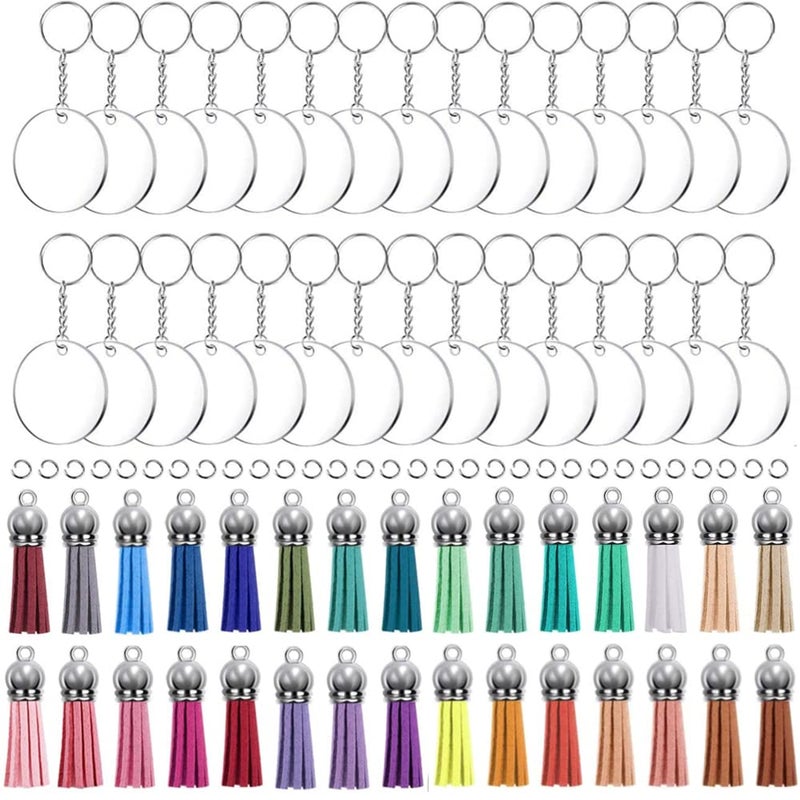 kingforest KINGFOREST 120PCS Acrylic Keychain Blanks Kit  30 Keychain Rings 30 Jump Rings 30 Clear Discs 30 Tassels  DIY Craft Supplies for Jewelry Making Vinyl Stickers  Personalized Gifts