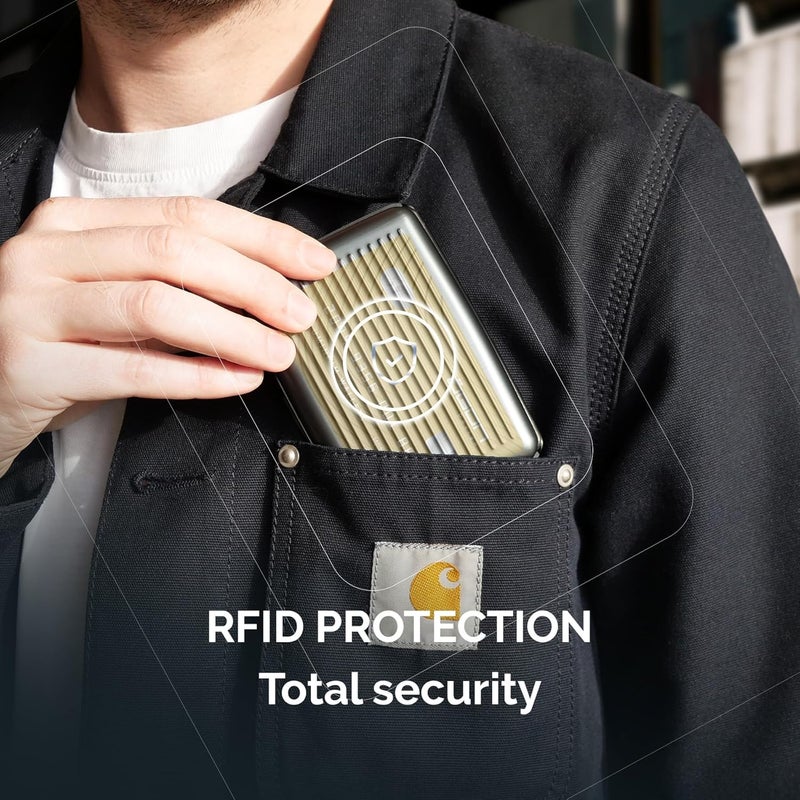 حامل بطاقات ألومنيوم مع قفل معدني، حماية RFID من الاحتيال وإزالة المغناطيسية، محفظة مدمجة، طراز Smart Case STOCKHOLM (نقش سفر) - Image 4