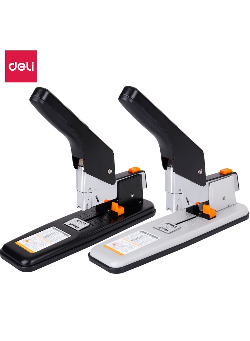 Deli دلي E0399 دباسة ثقيلة 1 قطعة، سعة 210 ورقة تصميم تحميل أمامي أبيض/أسود - للتجليد المكتبي - Image 1