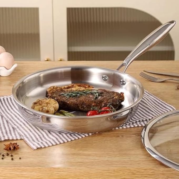 ريحني مقلاة من الفولاذ المقاوم للصدأ مقاس 30 سم، قاعدة متينة بسمك 30 مم، طلاء غير سام، مقلاة خالية من الشواية، آمنة للاستخدام في الفرن، متوافقة مع موقد الحث، طهي صحي، مقلاة لشواء شرائح اللحم - Image 1