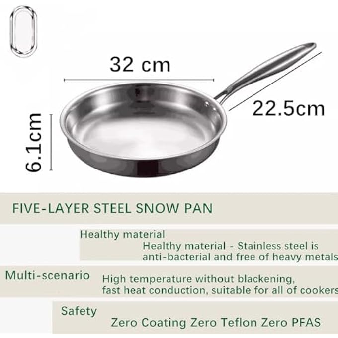 ريحني مقلاة من الفولاذ المقاوم للصدأ مقاس 30 سم، قاعدة متينة بسمك 30 مم، طلاء غير سام، مقلاة خالية من الشواية، آمنة للاستخدام في الفرن، متوافقة مع موقد الحث، طهي صحي، مقلاة لشواء شرائح اللحم - Image 3