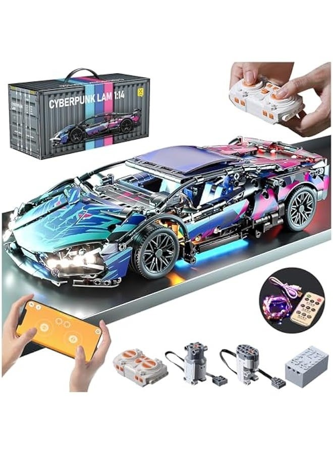 Sport Car Building Block Sets for Adults, Remote Control APP Race Car with LED Lights,Collectible 1:14 Model Scale Engineering Toy Men Teens Boys Age 8+ 8-12 12 13 14  - Image 1