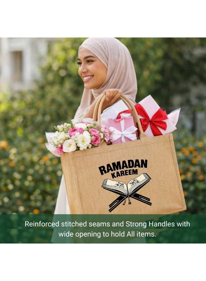 برينت شوب فور مي حقائب رمضان مبارك من الجوت - أكياس بقالة وتسوق صديقة للبيئة من الجوت - مثالية للتسوق وحقائب البقالة - هدية لرمضان - حقيبة جوت تحت عنوان رمضان كريم - Image 2
