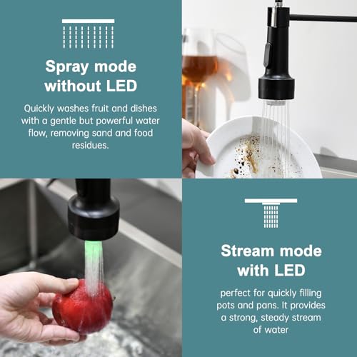 GIMILI Black Kitchen Faucet with Soap Dispenser Single Hole Pull Down Sprayer LED Faucet, Suitable for Farmhouses, RV, Laundry Room, Outdoor, and Campers. Llave para fregadero de cocina - Image 4