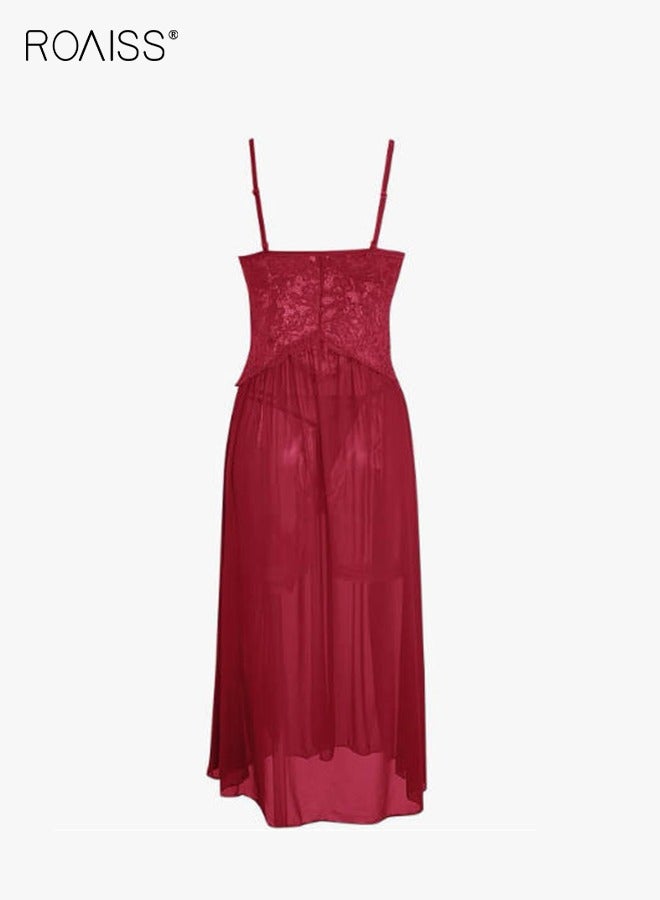 roaiss 2 Pieces Lace Mesh Nightdresses Hollow Design With Adjustable Shoulder Straps Spliced Mesh Skirt On Both Sides  - Image 2