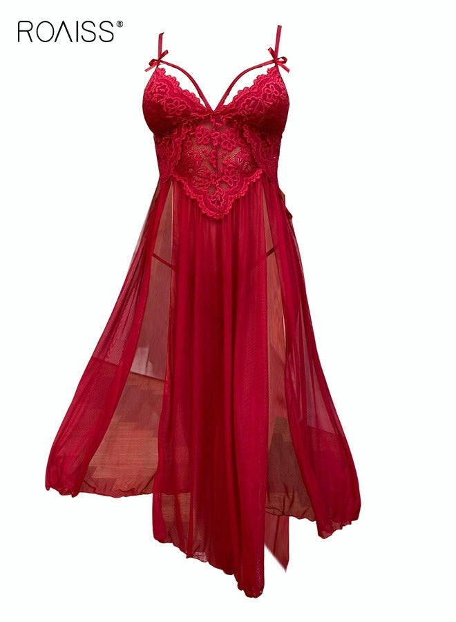 roaiss 2 Pieces Lace Mesh Nightdresses Hollow Design With Adjustable Shoulder Straps Spliced Mesh Skirt On Both Sides  - Image 1