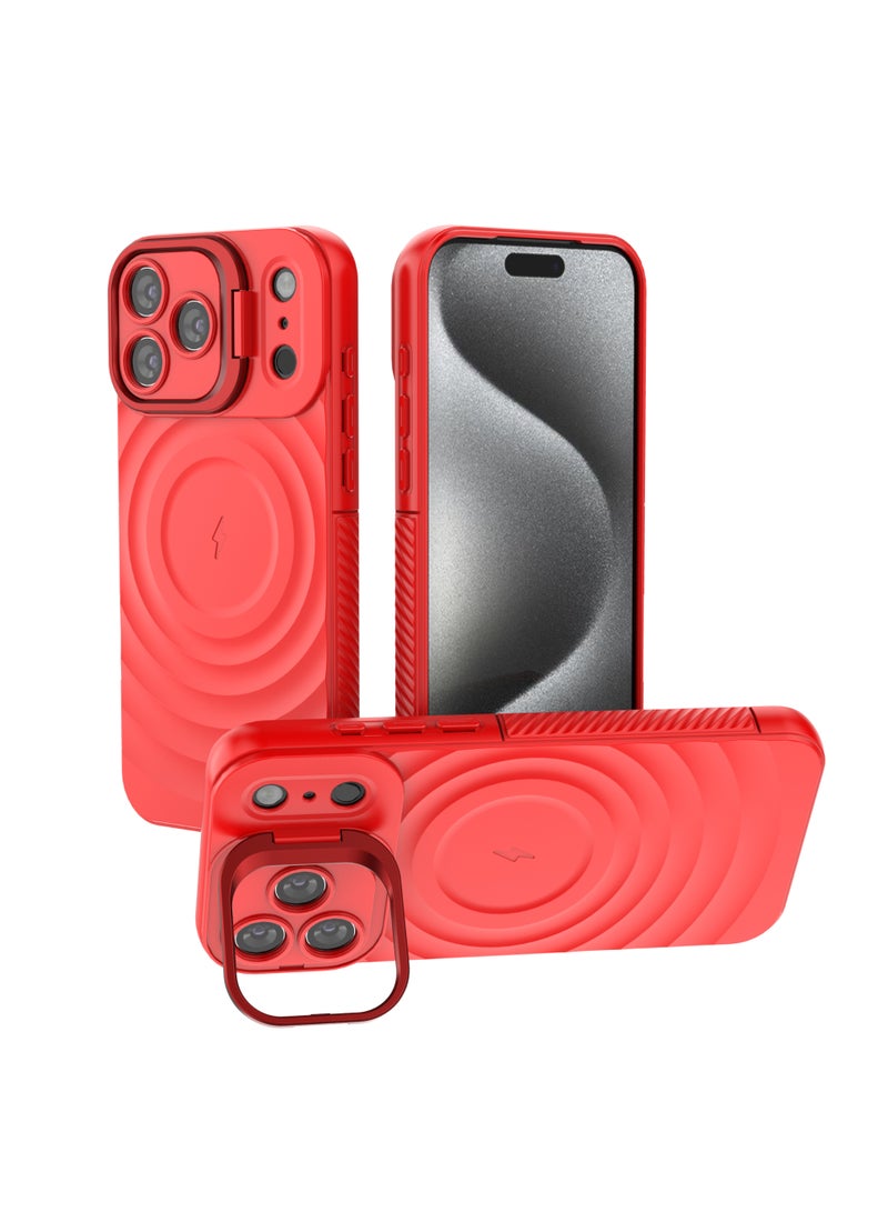 غطاء حمايه لهاتف ايفون 17 برو ماكس جراب ارمور مغناطيسي ياتي بحواف مرتفعة حول الشاشة وعدسة الكاميرا تساعد على منع الخدوش معا استاند للكاميرا - احمر - Image 1