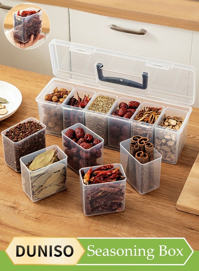 DUNISO مجموعة حاويات التوابل، صندوق تخزين التوابل الشفاف المنزلي، زجاجة توابل للمطبخ، 6 صناديق توابل قابلة للفصل، مع مقبض وغطاء، تصميم قابل للإغلاق، مقاوم للرطوبة والغبار، مناسب للخزائن والمطابخ وغرف المعيشة - Image 1