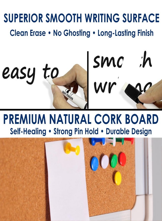 Navy Penguin White Board Cork Board Combo - 24x18 in Dry Erase Board with Cork and 1 Magnetic Eraser, 4 Dry Wipe Markers, 4 Magnets and 10 Pins - Wall Hanging Whiteboard with Corkboard for Home and Office - Image 2