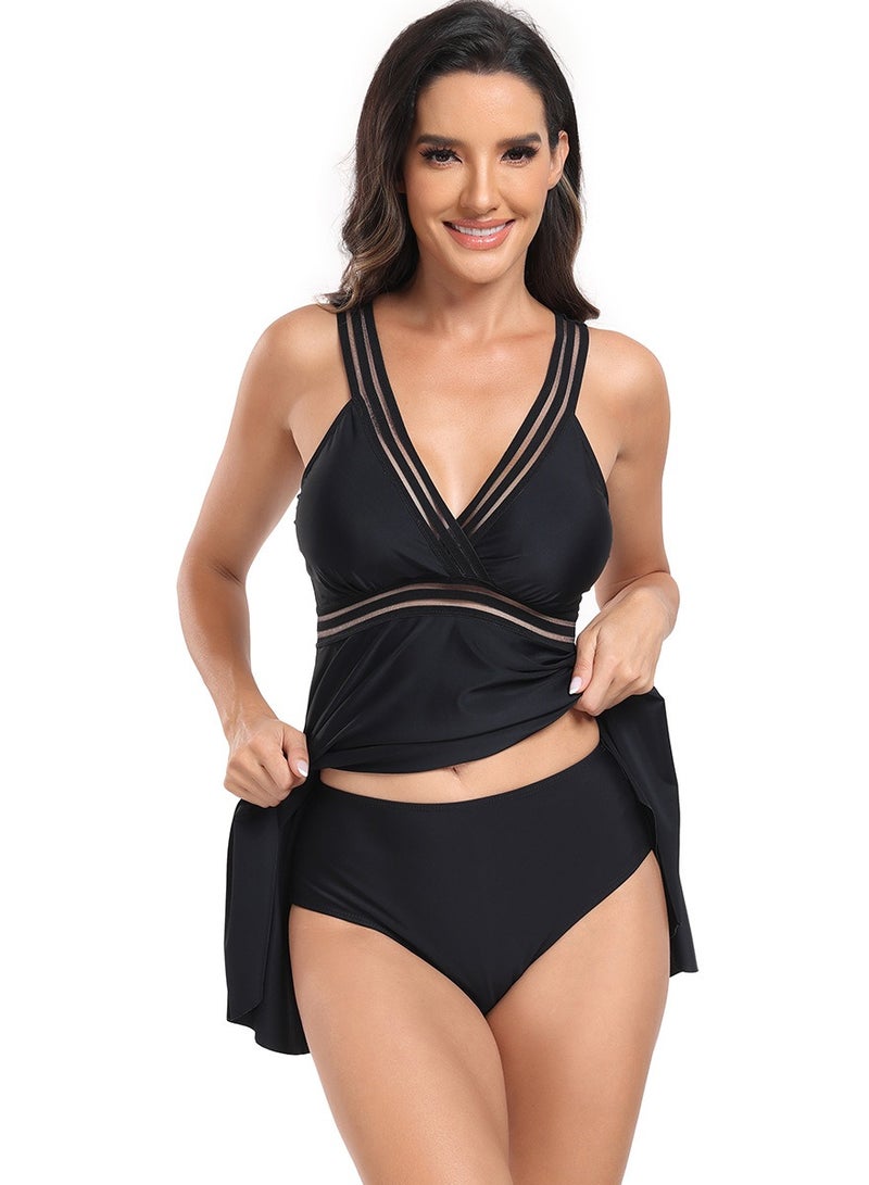 Womens 2 peice set Swimsuits Tummy Control Deep V-Neck Swim Dress And Thong Bottom Swimwear Bathing Suits Black  - Image 3