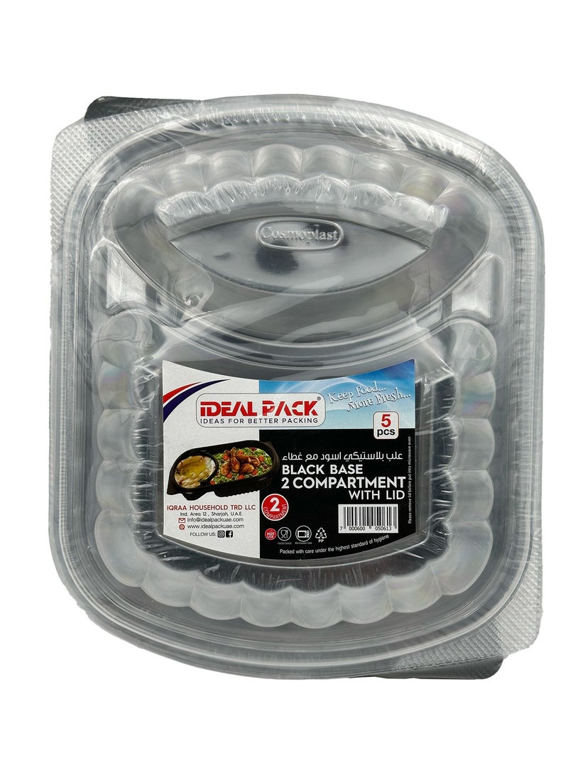 Ideal Pack Black Base 2-Compartment Food Containers with Lids – 5 Pieces | Microwave, Freezer & Dishwasher Safe | Durable Containers for Meal Prep, Takeaway & Storage - Image 1