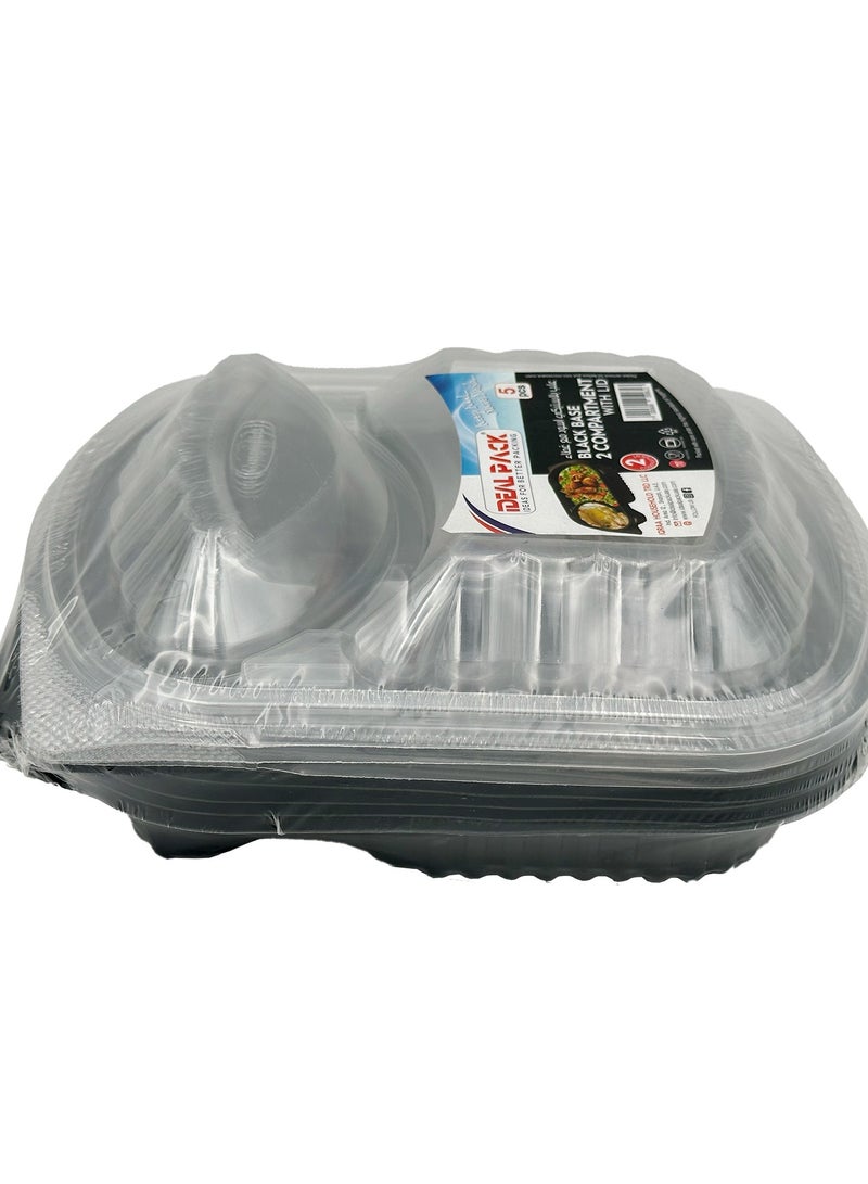 Ideal Pack Black Base 2-Compartment Food Containers with Lids – 5 Pieces | Microwave, Freezer & Dishwasher Safe | Durable Containers for Meal Prep, Takeaway & Storage - Image 2