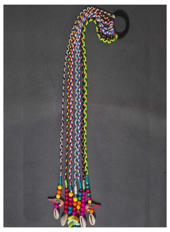 MILAPARK CRAFTS Handmade Braided Hair Extension for Girls with Wooden Beads, Cowrie Shells & Parrot Charms – Festivals, Parties, Weddings, Navratri, Garba, Ethnic Styling - Image 4