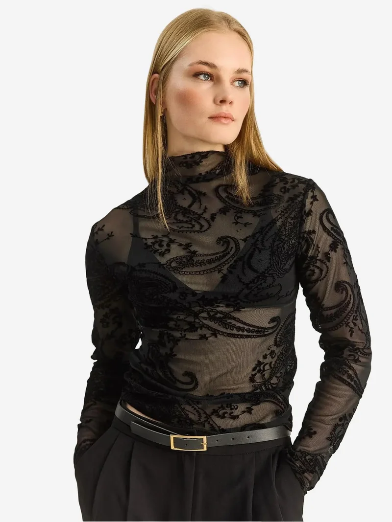 Bianco Lucci Black LUCCI Paisley Print Cut-Out Half Turtleneck Blouse for Women | Best Price UAE