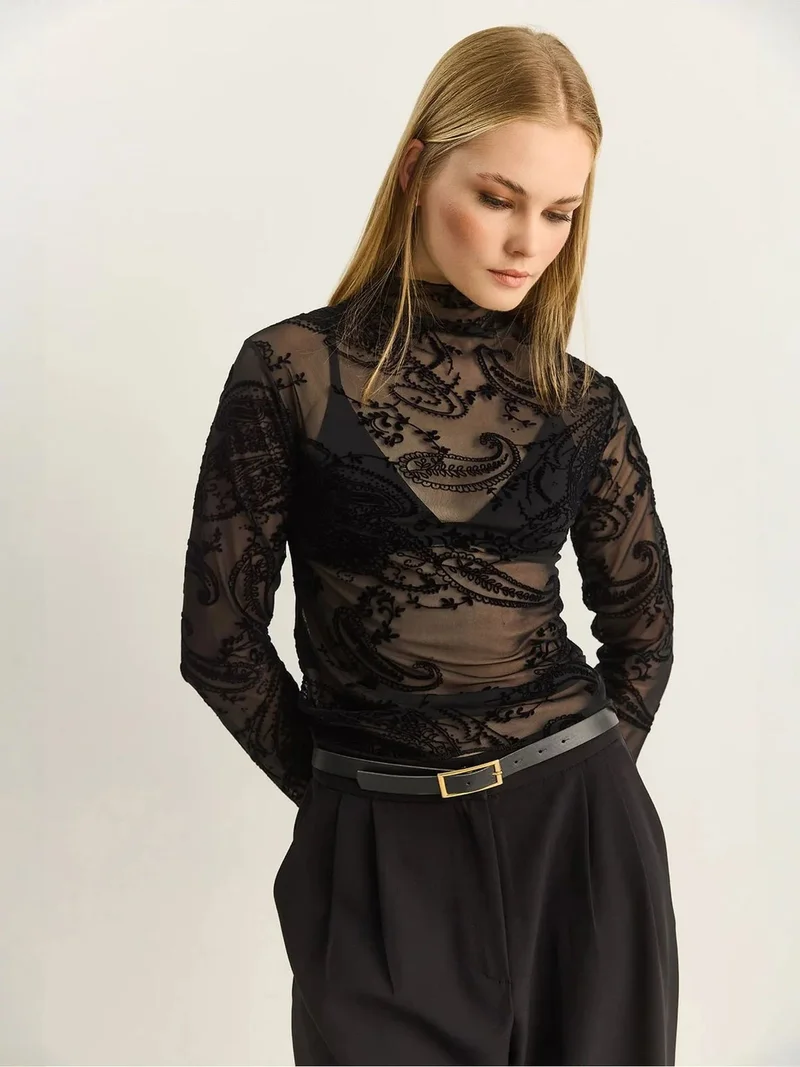 Bianco Lucci Black LUCCI Paisley Print Cut-Out Half Turtleneck Blouse for Women | Best Price UAE