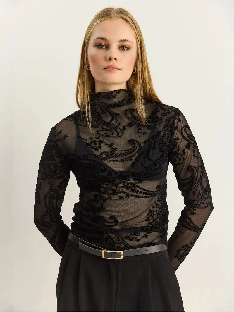 Bianco Lucci Black LUCCI Paisley Print Cut-Out Half Turtleneck Blouse for Women | Best Price UAE