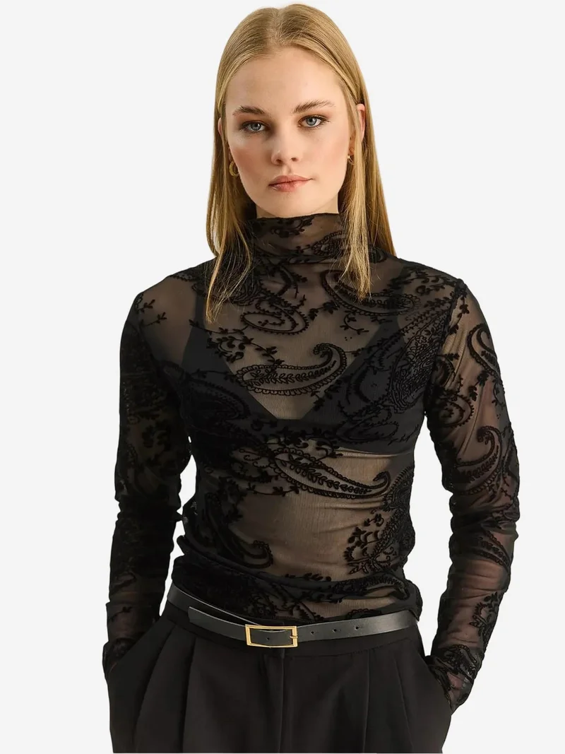 Bianco Lucci Black LUCCI Paisley Print Cut-Out Half Turtleneck Blouse for Women | Best Price UAE