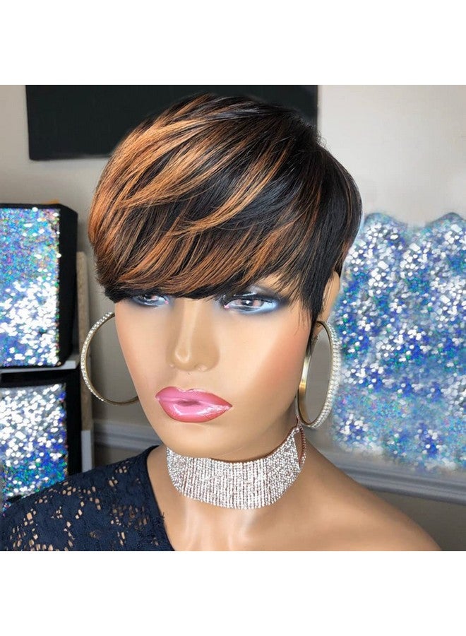 بانج دونج لاي باروكات شعر بشري قصيرة بقصّة بيكسي من بانجدونجلاي للنساء ذوات البشرة السمراء، باروكات شعر بشري برازيلي عذراء قصير، لون أسود مع بني F1B/33، باروكات شعر بشري مستقيم قصير متعدد الطبقات للنساء ذوات البشرة السمراء - Image 1