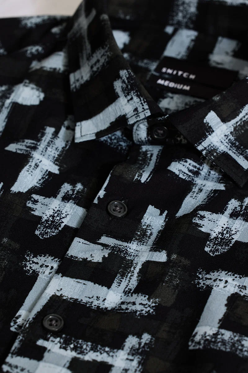 سنيتش Black Abstract Long Sleeve Slim Fit Casual Shirt