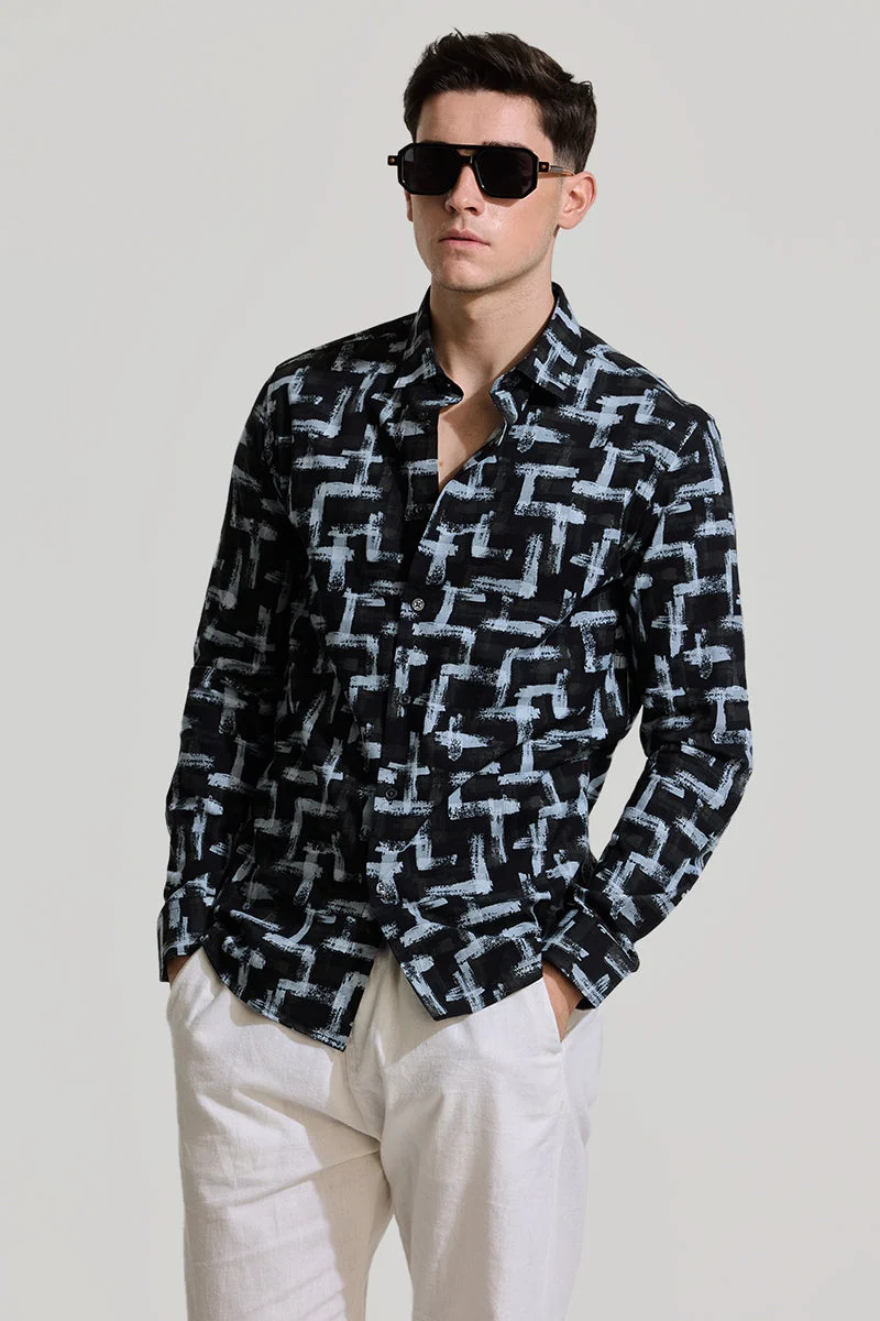 سنيتش Black Abstract Long Sleeve Slim Fit Casual Shirt