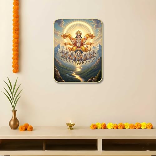 SAF Divine Surya Dev Wall Art with Table Top Stand & Wall Hanging Hole | Premium MDF Sun God 7 Horses Vastu Painting for Living Room Office Home Decor Gift - Image 2