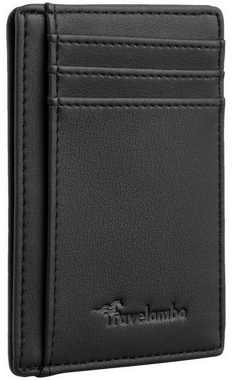 Travelambo Front Pocket Minimalist Leather Slim Wallet RFID Blocking Medium Size(Black Delux) - Image 1