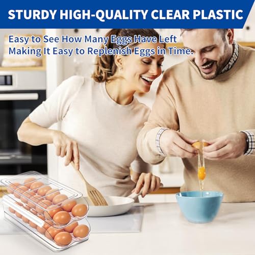 MesRosa Egg Holder for Fridge, Automatic Rolling Egg Organizer for Refrigerator, Clear Plastic Egg Container & Tray, Stackable Dispenser and Storage Bin with Sturdy Lid to Saving Space -2 Layer - Image 5