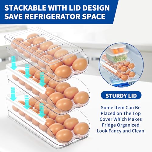 MesRosa Egg Holder for Fridge, Automatic Rolling Egg Organizer for Refrigerator, Clear Plastic Egg Container & Tray, Stackable Dispenser and Storage Bin with Sturdy Lid to Saving Space -2 Layer - Image 4