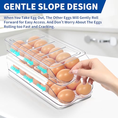 MesRosa Egg Holder for Fridge, Automatic Rolling Egg Organizer for Refrigerator, Clear Plastic Egg Container & Tray, Stackable Dispenser and Storage Bin with Sturdy Lid to Saving Space -2 Layer - Image 2