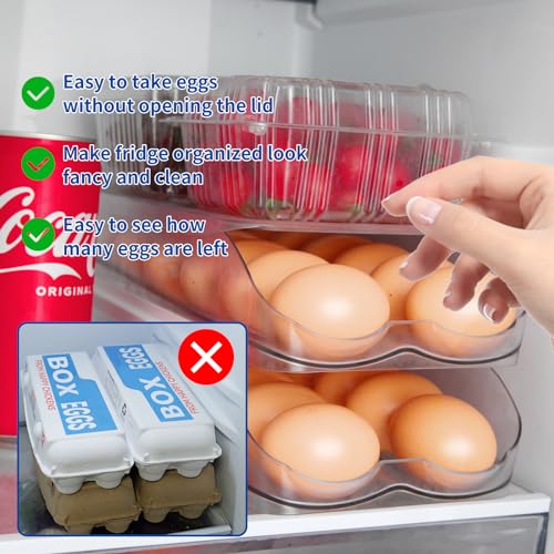 MesRosa Egg Holder for Fridge, Automatic Rolling Egg Organizer for Refrigerator, Clear Plastic Egg Container & Tray, Stackable Dispenser and Storage Bin with Sturdy Lid to Saving Space -2 Layer - Image 3