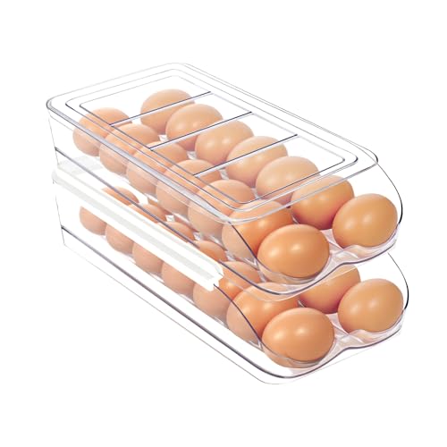 MesRosa Egg Holder for Fridge, Automatic Rolling Egg Organizer for Refrigerator, Clear Plastic Egg Container & Tray, Stackable Dispenser and Storage Bin with Sturdy Lid to Saving Space -2 Layer - Image 1