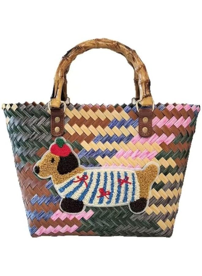 Vphom Handwoven Straw Beach Tote Bag for Women, Large Capacity Summer Handbag with Bamboo Handles & Fun Dachshund Design, Waterproof - Image 1