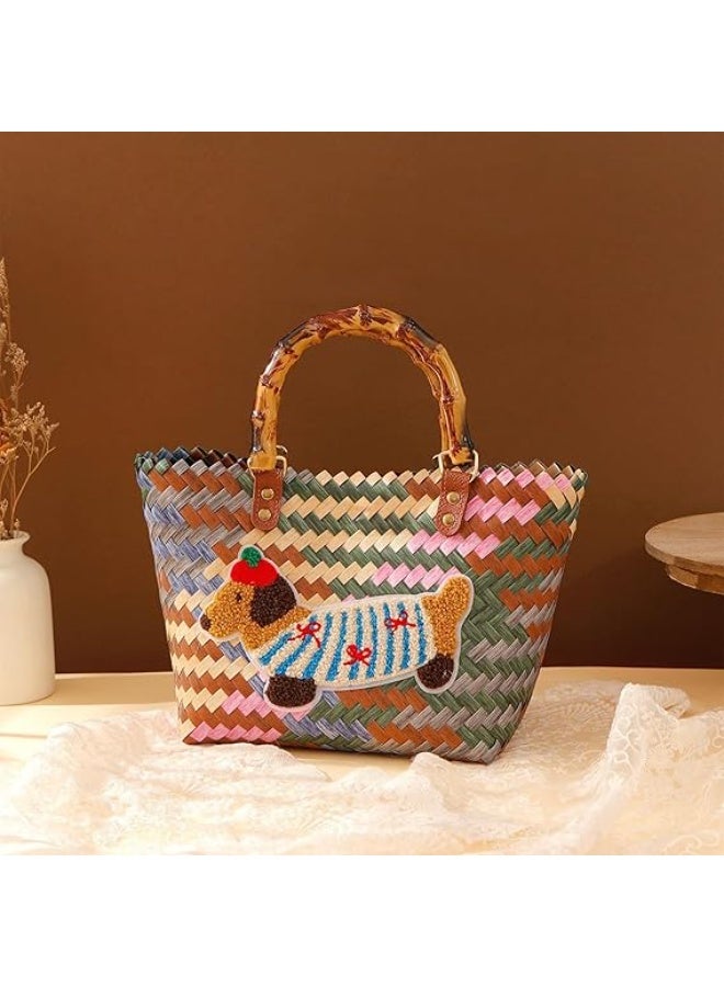 Vphom Handwoven Straw Beach Tote Bag for Women, Large Capacity Summer Handbag with Bamboo Handles & Fun Dachshund Design, Waterproof - Image 3