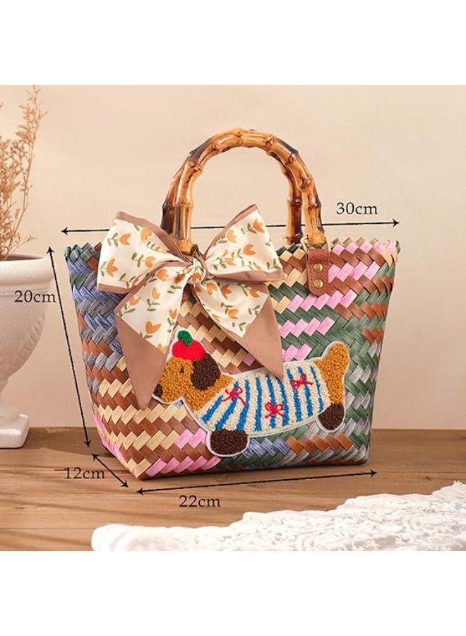 Vphom Handwoven Straw Beach Tote Bag for Women, Large Capacity Summer Handbag with Bamboo Handles & Fun Dachshund Design, Waterproof - Image 5