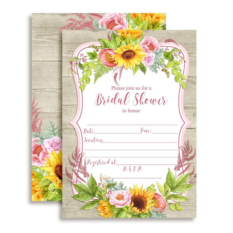 Watercolor Sunflower Peony Floral Bridal Shower Invitations 20 5x7 Fill In Cards with Twenty White Envelopes by AmandaCreation